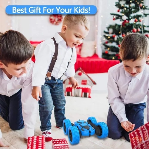 Miniatura 7 de Hamdol Auto de control remoto para niños, auto de acrobacias RC giratorio de 360°, vehículo eléctrico 4WD de doble cara con luces LED, autos de Azul