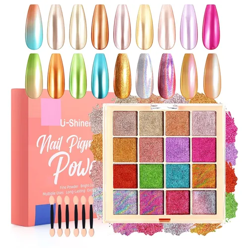 Miniatura 12 de Set de paleta de polvo de pigmento para uñas, 16 colores Ombre con 100 piezas de esponjas y pinzas, uñas francesas Aura Ombre, pincel de uñas
