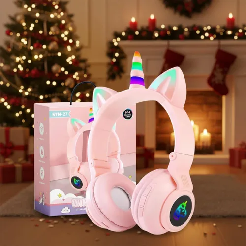 Miniatura 17 de Auriculares Bluetooth con cancelación de ruido para niños, auriculares plegables con forma de orejas de gato y luz LED, auriculares con orejas