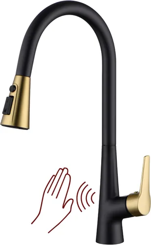sumerain Grifo de fregadero de cocina sin contacto manos libres de una sola manija con sensor de movimiento negro y dorado grifo de cocina extraíble