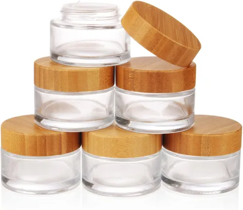 Miniatura 12 de COSIDEA 5 tarros vacíos de vidrio transparente redondos de 1 onza/1.06 oz con tapas de bambú, tarro de crema de bambú, recipientes de viaje