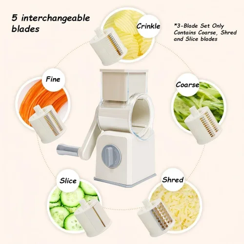Miniatura 6 de Rallador giratorio de queso con manivela, trituradora multiusos con 5 cuchillas intercambiables de acero inoxidable para triturar, rebanar y rallar