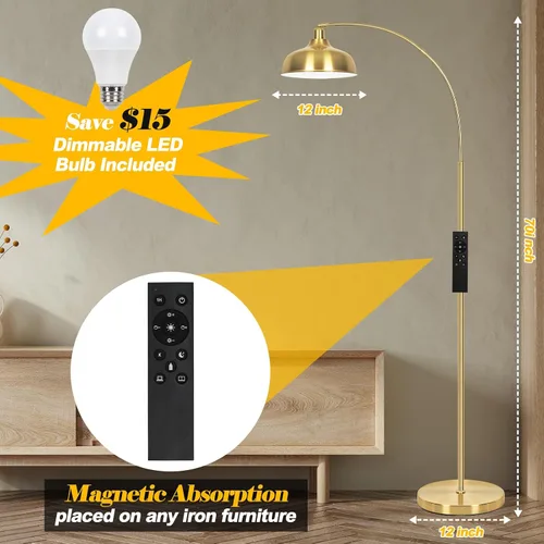 Miniatura 6 de Lámparas de pie doradas para sala de estar - Lámparas de pie de arco con bombilla de 9W, pantalla de metal ajustable 360°, lámpara de pie regulable