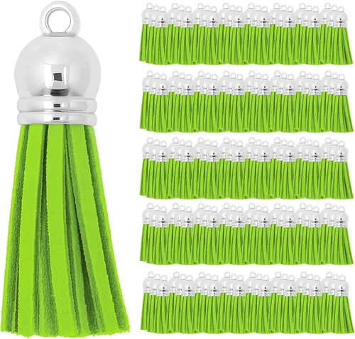 Miniatura 114 de Mandala Crafts 100 borlas de gamuza sintética color aguamarina con tapa dorada, suministros para hacer llaveros a granel, pequeñas borlas de cuero