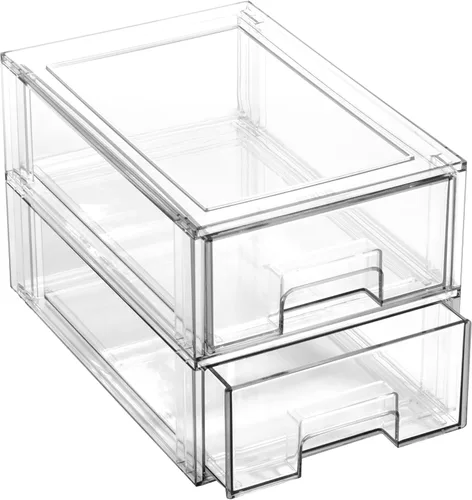 BINO Cajones de almacenamiento apilables, pequeños, paquete de 2, transparentes | The Crate Collection | Contenedores de almacenamiento con cajones