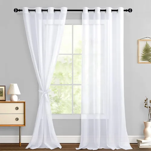 Miniatura 105 de Hiasan - Cortinas traslúcidas de gasa cortas semitransparentes con ojales y alzapaños filtrantes de luz para ventana, dormitorio, baño, 2 paneles