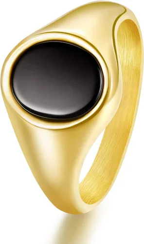 TRUMIUM Anillos de sello chapados en oro de 18 quilates para hombres y mujeres, con incrustaciones de ónix negro, anillos de boda ligeros y gruesos,