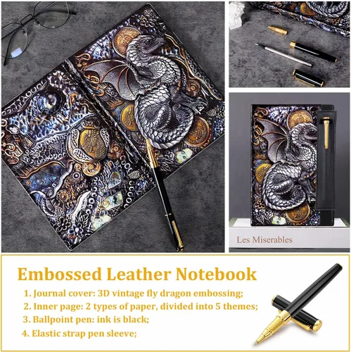 Miniatura 4 de FEIDIAO Cuaderno vintage de cuero en relieve Flying Dragon DND, diario de viaje A5 diario con bolígrafo y funda para bolígrafo, diario de piel