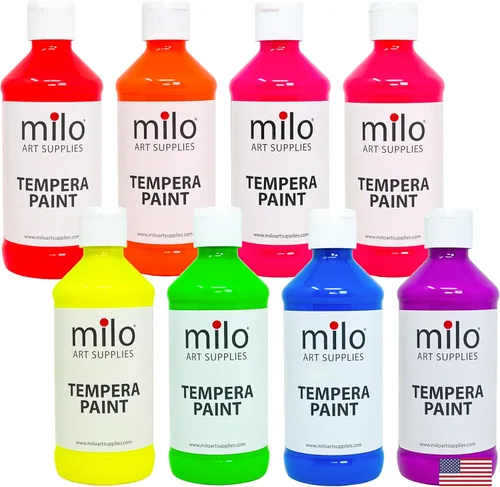 Miniatura 11 de milo Pintura lavable Témpera nacarada brillante Juego de 8 colores de botellas de 8 onzas Fabricado en los Estados Unidos Pinturas de póster