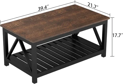 Miniatura 2 de Mesa de café ChooChoo negra, mesa rústica vintage con estante para sala de estar, 40 pulgadas