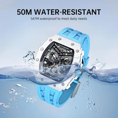 Miniatura 7 de Watch for Men, Automatic Skeleton Mechanical Mens Watch, 50M Waterproof Luxury Tonneau Square Big Face Dial Watch with SiliconeFluoroelastomer Watch