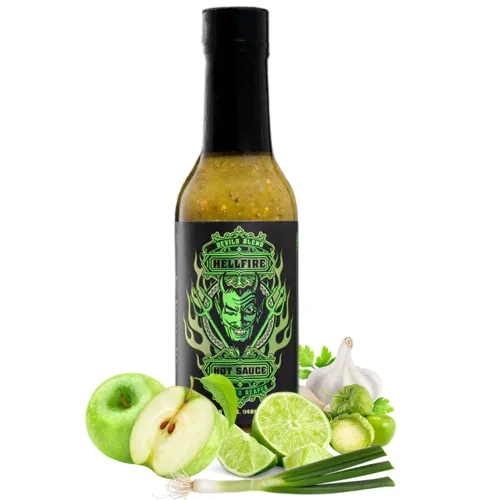 Hellfire Hot Sauce Devil's Blend - Salsa Verde Gourmet picante picante de Carolina Reaper asada al fuego, presentada en el programa de televisión