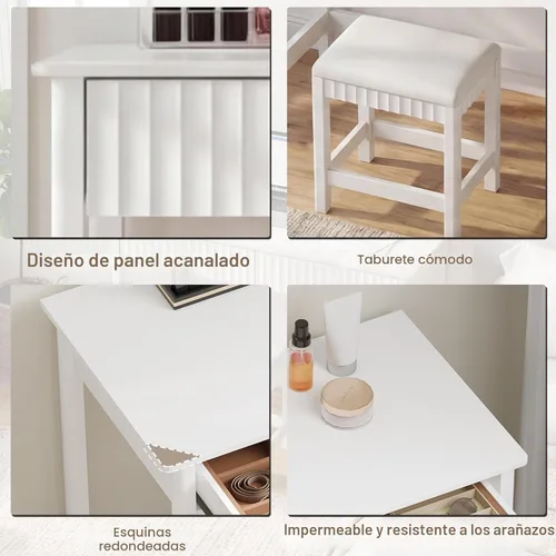 Miniatura 5 de ChooChoo Escritorio moderno de 40 pulgadas con cajones, escritorio de maquillaje con taburete acolchado, pequeño escritorio de oficina en casa