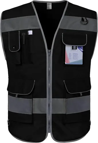 Miniatura 8 de TCCFCCT Hi Vis Chaleco de seguridad reflectante de alta visibilidad con 9 bolsillos para hombres y mujeres, chaleco de construcción con tiras