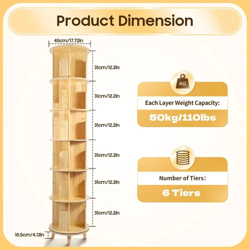 Miniatura 9 de Gdrasuya10 Estantería giratoria de madera de 6 niveles con pantalla de 360 grados, estante de almacenamiento para adultos, estantes multifuncionales