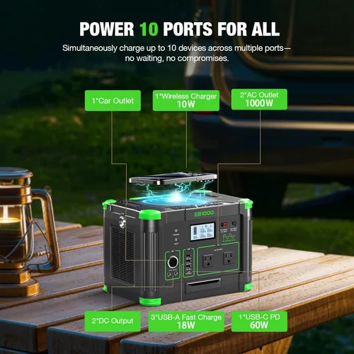 Miniatura 3 de Generador solar de 1000 W 999 Wh, estación de energía portátil con salida USB-C PD de 60 W, salida de CA de onda sinusoidal pura de 120 V, batería