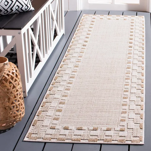 SAFAVIEH Alfombra lavable para exteriores Global Collection – Alfombra de pasillo de 2.2 x 8 pies, beige y beige claro, no desprende pelusa y fácil