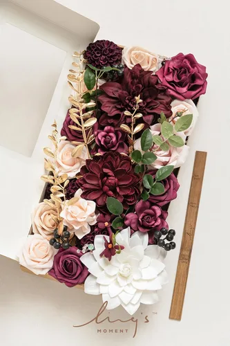 Miniatura 4 de Ling's moment Caja de Flores Falsas, Tallos de Follaje Artificial Falso, Rosas de Espuma, Gardenias, Bayas, Dalia de Seda, Flor de Tela para Centros