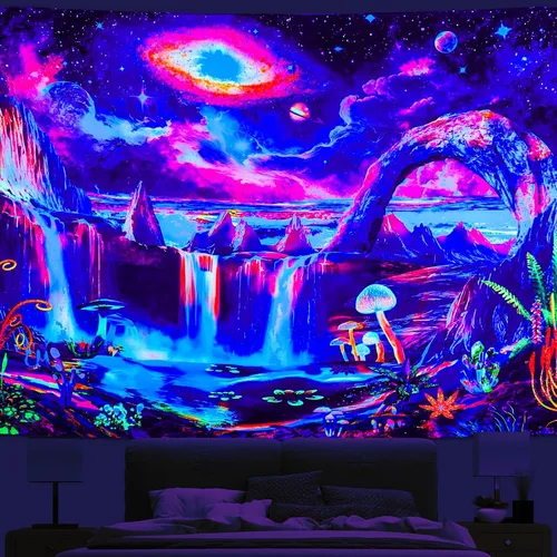 Tapiz de luz negra, galaxia y planeta, tapiz reactivo a los rayos UV, tapiz de cascada de montaña para dormitorio, estético, ola misteriosa, lago,