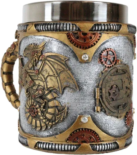 Miniatura 3 de Ebros Gift Fantasía Golden Steampunk Cyborg Dragón robótico en viaje a la luna Cerveza Stein Tankard Taza de café Calabozos y Dragones Victoriano