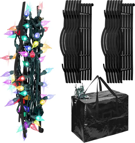 RUODON Paquete de 12 soportes de almacenamiento de luces de Navidad con bolsa de almacenamiento, cuerda colgante, organizador de cuerda para colgar,