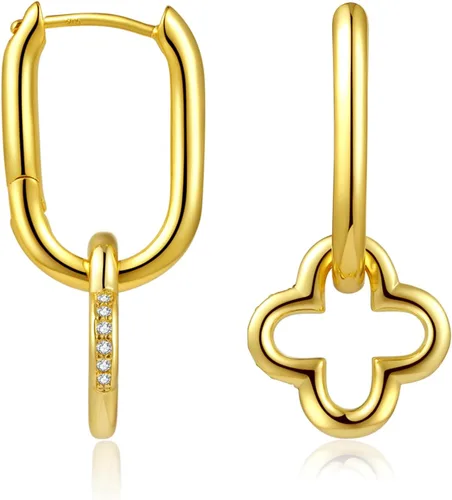 ToHeart Aretes de trébol de oro para mujer, aretes de aro de trébol de oro de 14 quilates, ligeros, aretes de trébol de cuatro hojas, regalos de