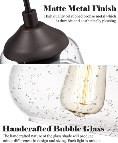 Miniatura 3 de ELYONA Paquete de 2 Luces Colgantes de Vidrio Burbuja, Lámpara Colgante Vintage de 8 Pulgadas de Vidrio Granulado, Luminarias Colgantes Industriales