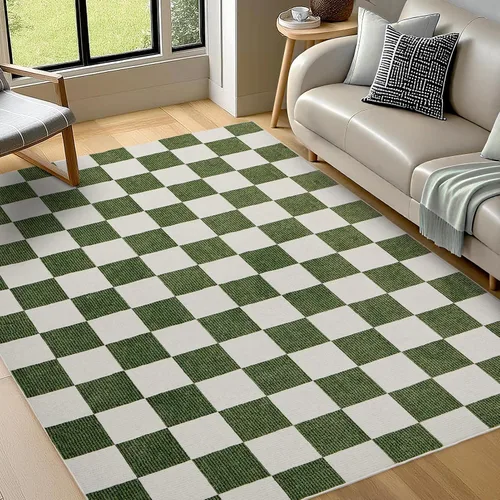 Miniatura 2 de Alfombra Lavable 5x7 de Cuadros, Alfombra de Área Verde y Blanca, Alfombras Grandes Boho para Sala de Estar, Alfombra de Bajo Pilo Ligera para Verde