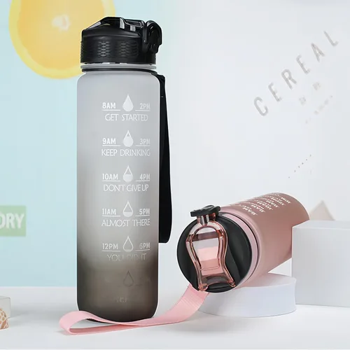 Miniatura 3 de Botella de agua de 33.8 fl oz, a prueba de fugas, libre de BPA y tóxicos, botella deportiva motivacional con tiempos para beber y pajita, fitness
