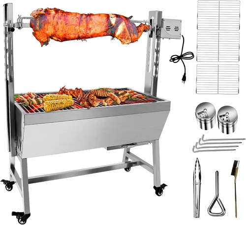Parrilla asadora de acero inoxidable de 132 libras, motor de 25 W, asador de cordero de cerdo pequeño, 37 pulgadas, parrilla asadora de carbón 2 en