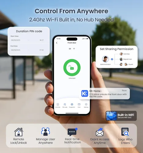 Miniatura 3 de Veise VE029 - Cerradura de palanca inteligente WiFi, cerradura de puerta de entrada sin llave de huellas dactilares con asa, WiFi integrado, control