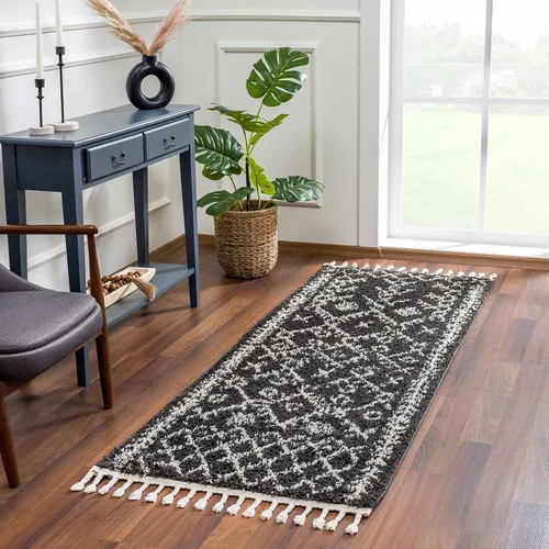 Miniatura 109 de Hauteloom, Duncans - Alfombra de estilo granja de pelo mullido para sala y dormitorio, con borlas - Beige, carbón, gris - 2 pies 7 pulgadas x 7 pies