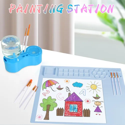Miniatura 6 de Estación de pintura, alfombrilla de pintura de silicona y limpiador de pinceles, alfombrilla de arte de silicona de 20"×16" con 10 pinceles de Azul