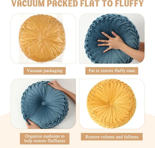 Miniatura 5 de Drydiet 3 Piezas Almohadas Redondas Decorativas de Terciopelo Plisado Almohadas de 15'' de Diámetro Acento Calabaza Boho Cojín de Silla para Sofá
