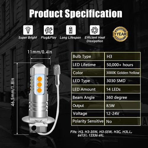 Miniatura 5 de H3 - Bombillas LED antiniebla, paquete de 2, bombillas LED H3 extremadamente brillantes de 3030 chips con proyector para luces antiniebla