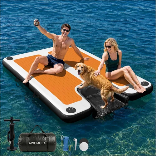 Miniatura 16 de AWEMUFA Muelle flotante inflable con rampa de 5 pies/6 pies/8 pies/10 pies, plataforma flotante flotante, tapete flotante de isla flotante, flotador