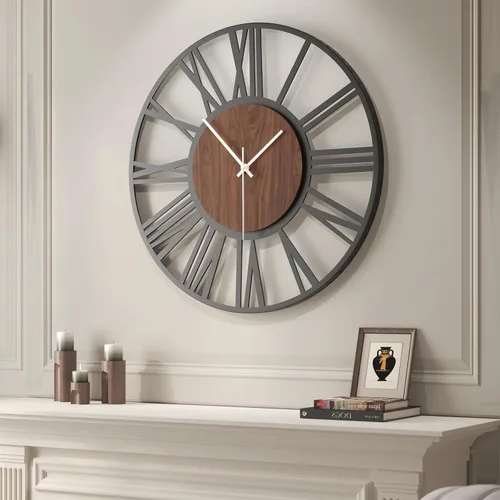 Cuspin Reloj de pared grande de 30 pulgadas, reloj de pared decorativo de metal negro con esfera central de madera, silencioso sin tictac, funciona