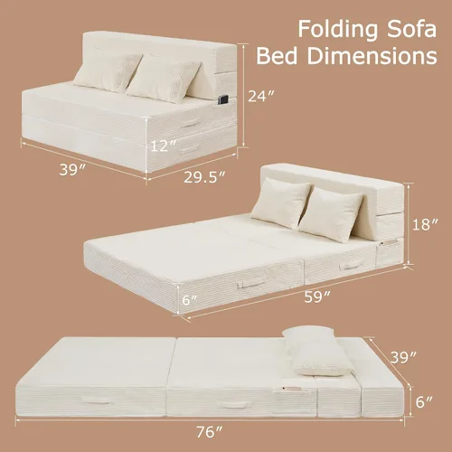 Miniatura 2 de Sofá Cama Individual Plegable Silla Sofá Cama con Almohada, Twin, Beige Cama de silla plegable