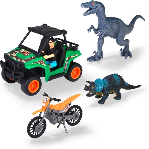 DICKIE TOYS Juego de dinosaurios - UTV Quad Bike con fricción, Motorcross, dinosaurios, figura flexible, 1:24, a partir de 3 años