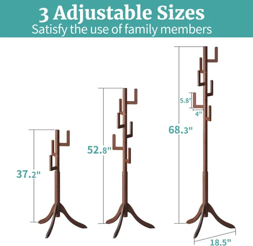 Miniatura 4 de Perchero independiente, soporte de bambú con cactus de bambú, altura ajustable, árbol de madera con 6 ganchos, perchero para niños, utilizado
