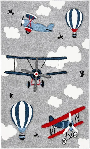 SAFAVIEH Carousel Kids Collection - Alfombra decorativa de 2 pies 3 pulgadas x 4 pies, gris claro y rojo, no desprende pelusa y de fácil cuidado,