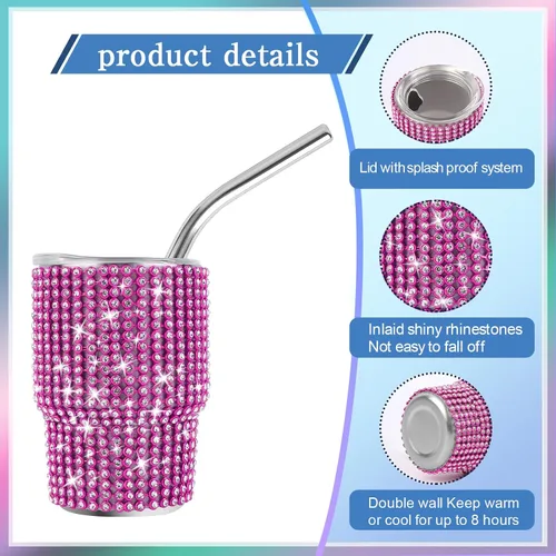 Miniatura 3 de INSTOME Vaso de chupito brillante de 3 onzas, mini tazas con tachuelas de diamantes de imitación con pajitas, brillo similar a un diamante para Rosa