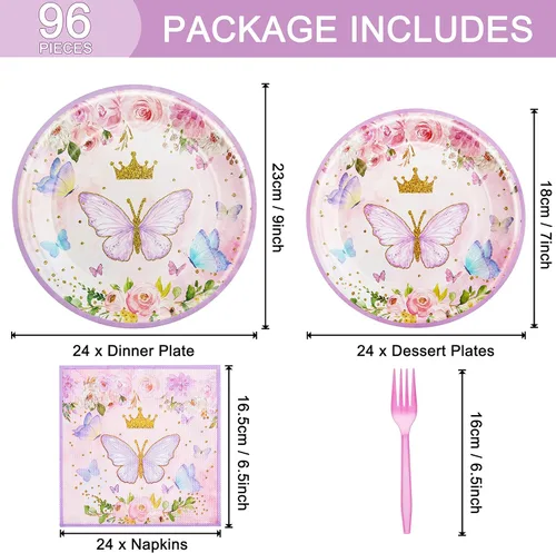 Miniatura 2 de Juego de 96 platos de mariposa para fiesta de cumpleaños, servilletas, tenedores, suministros de vajilla, juego de vajilla desechable, decoración