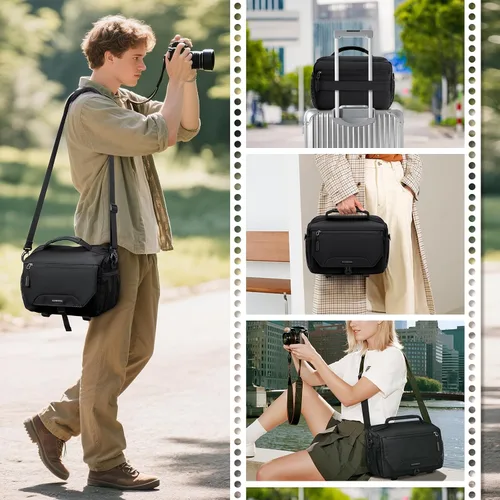 Miniatura 7 de RAINSMORE Bolsa para cámara, pequeña, de bandolera, para cámara DSLR/SLR/sin espejo, bolsa de hombro impermeable con soporte para trípode y cubierta