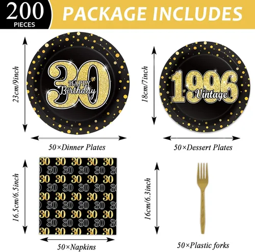 Miniatura 2 de 200 vajillas para fiesta de cumpleaños con temática de 30 años, suministros de fiesta de cumpleaños de 30 años, platos, servilletas, tenedores