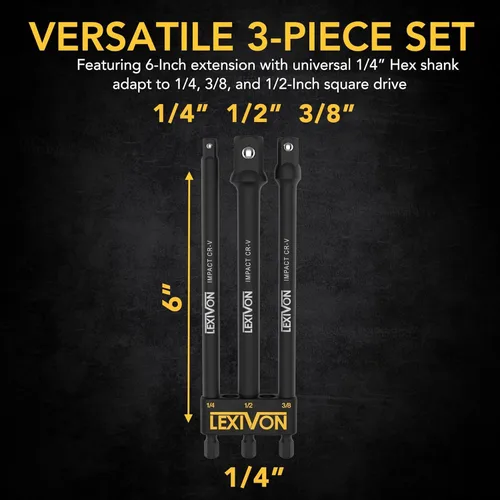 Miniatura 5 de LEXIVON Juego de adaptadores de enchufe de grado de impacto de 6 piezas, broca de extensión de 3 y 6 pulgadas con soporte, accionamiento de 1/4, 3/8