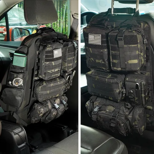 Miniatura 8 de Organizador táctico para respaldo de asiento de automóvil, organizador táctico Molle para respaldo de asiento con 6 bolsas Molle desmontables