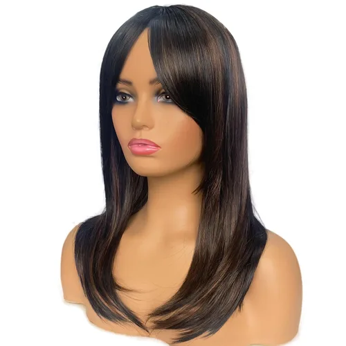 Miniatura 8 de Pelucas largas negras para mujer, pelucas negras con flequillo, peluca sintética de longitud al hombro en capas para fiestas diarias (20 pulgadas)
