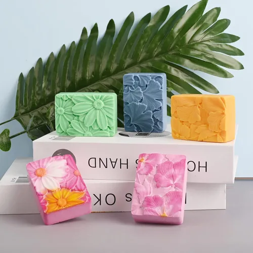 Miniatura 6 de Moldes de jabón de silicona, moldes de silicona con patrón de flores rectangulares 3D para jabón hecho a mano, bombas de baño, barras de chocolate