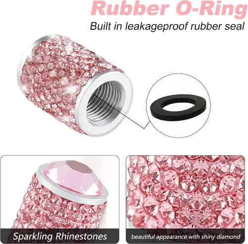 Miniatura 3 de Alpmosn Tapones para válvula de neumático de automóvil, 4 tapas de válvula de neumático brillantes, tapones de cristal brillantes para mujeres, Rosa